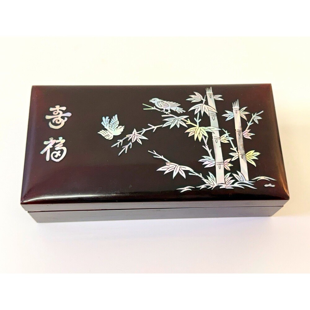 Rectangular Wood Trinket Box w/ Lid Bamboo Bird Asian Design Brown Silver 8x4